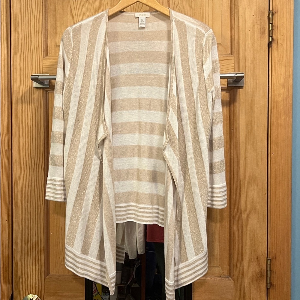 Chico's Beige and White Knit Buttonless Cardigan Oversized Slight Shimmer Sz L